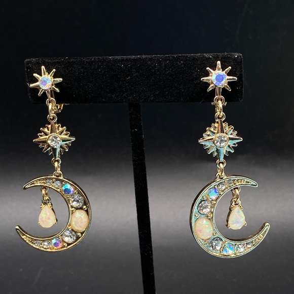 Celestial Opal AB Rhinestone Earrings Gold Tone Pierced Long Dangle - Picture 9 of 10